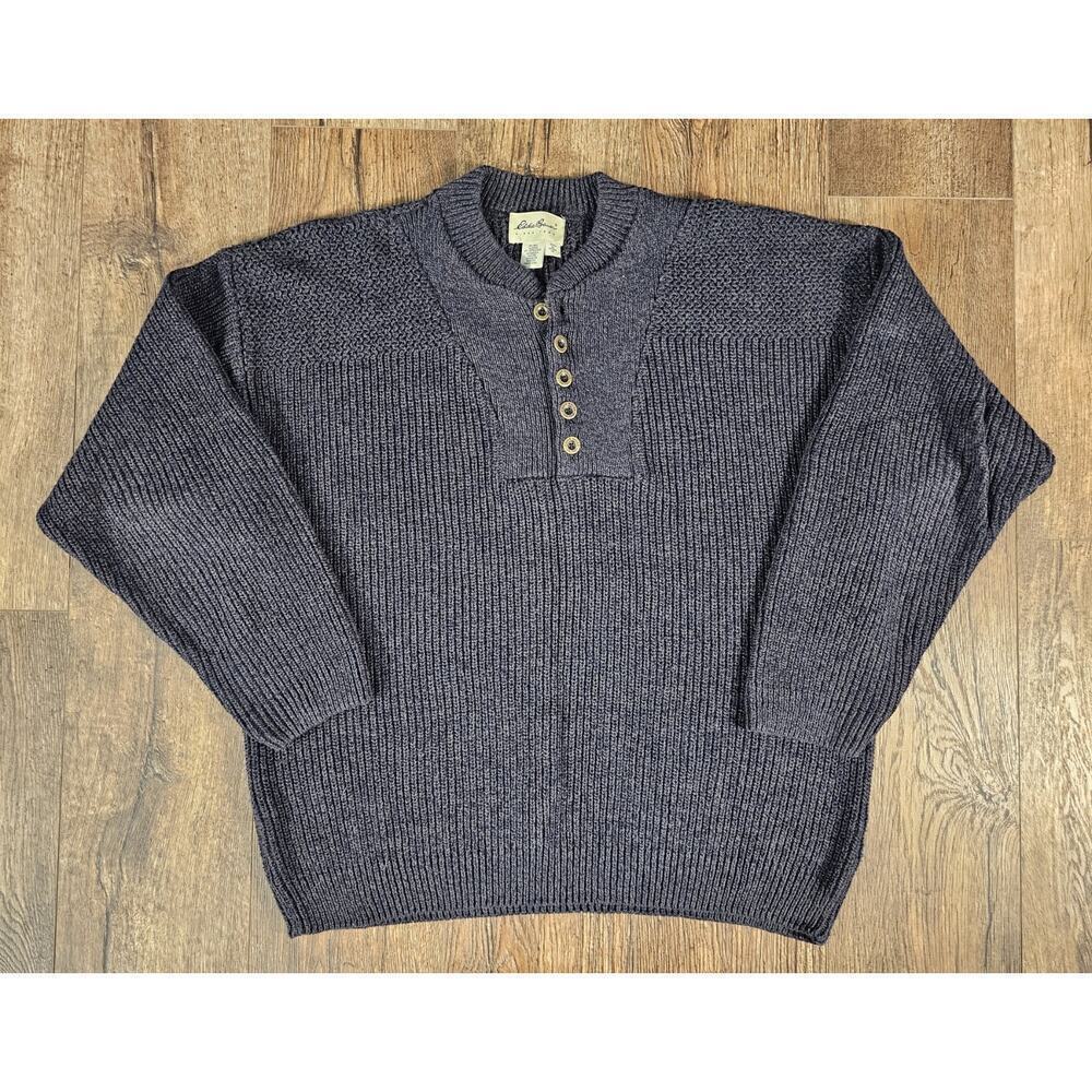 Vintage Eddie Bauer Sweater Mens XL Fisherman Henley Y2K Chunky Heathered Navy